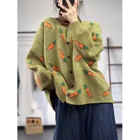 复古撞色印花毛衣针织开衫外套女秋冬款宽松休闲慵懒风圆领针上衣