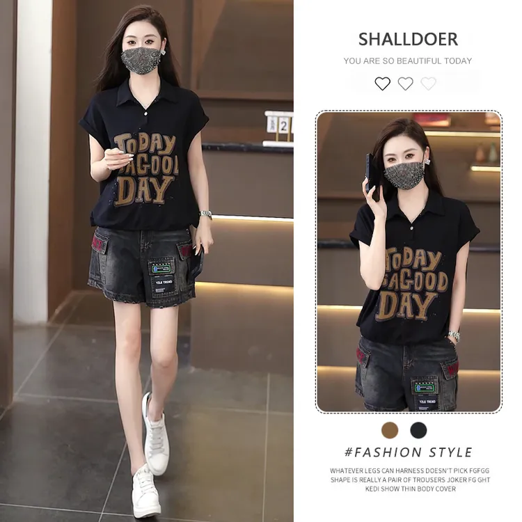 香朵儿网红流行两件套女2025夏季新款POLO领字母印花短袖牛仔短裤