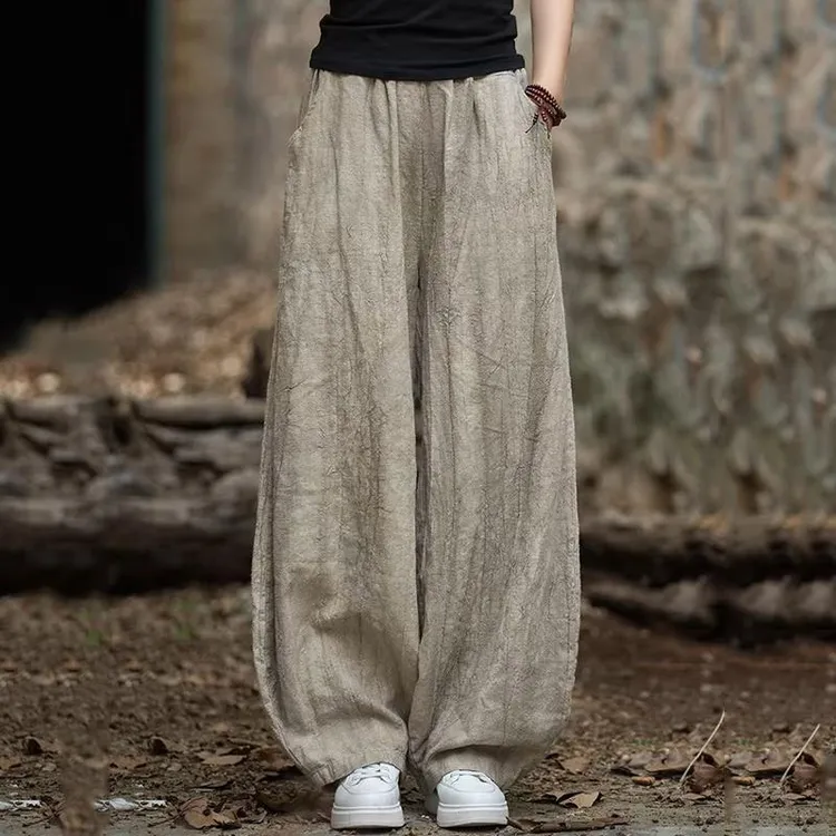 复古扎染做旧棉麻灯笼裤女夏季新款宽松肌理感高腰垂感休闲长裤子