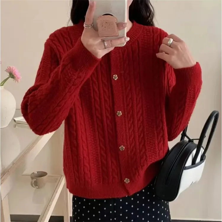 复古小麻花长袖针织2025年新款加厚毛衣玫瑰花扣时尚百搭毛衣开衫