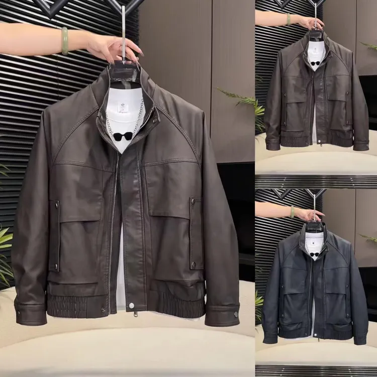 秋冬新款加绒软皮面荔枝纹飞行夹克皮衣外套7712