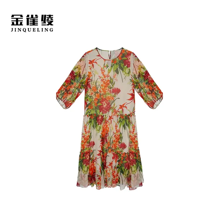 桑蚕丝雀绫【美人娇】100金碎花加宽加大女装连衣裙1050