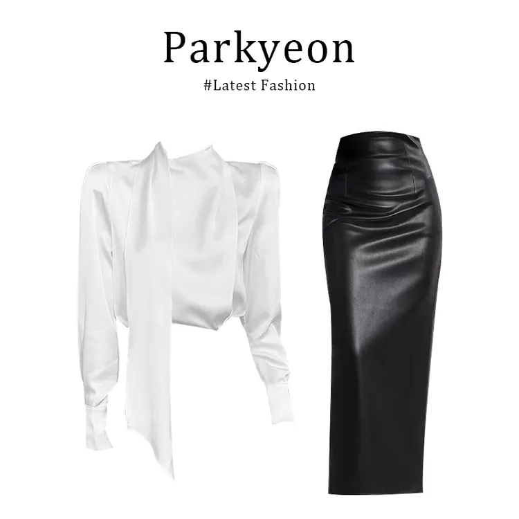 INS CEC法式时尚气质通勤白色系带衬衫长款皮裙包臀半身裙两件套