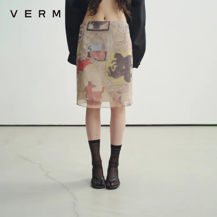VERMO 记忆碎片 复古印花干爽微透桑蚕丝 H形低腰半身裙8445