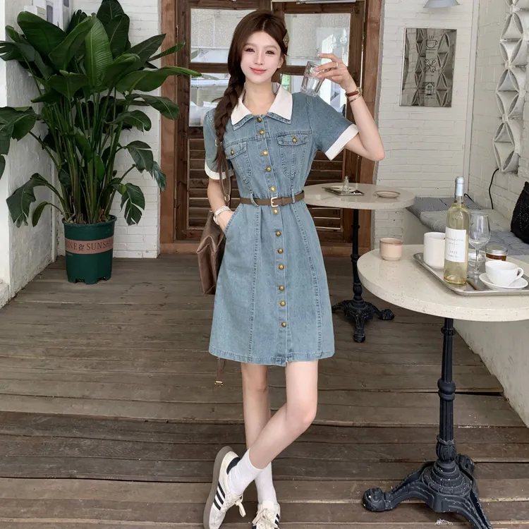 大码夏季新款时尚百搭法式复古牛仔连衣裙洋气收腰修身显瘦中长裙