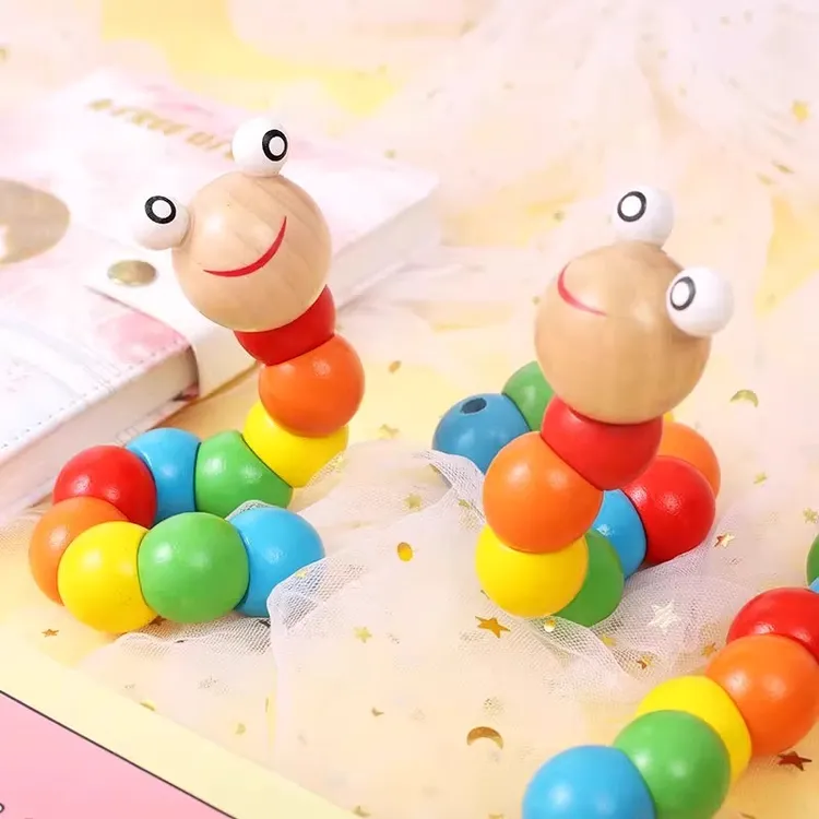 木质百变扭扭虫毛毛虫串珠绕珠儿童宝宝早教益智玩具颜色认知积木