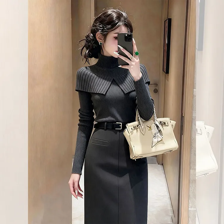 别致独特漂亮内搭灰色假两件小衫斗篷毛衣女装秋冬针织衫洋气上衣