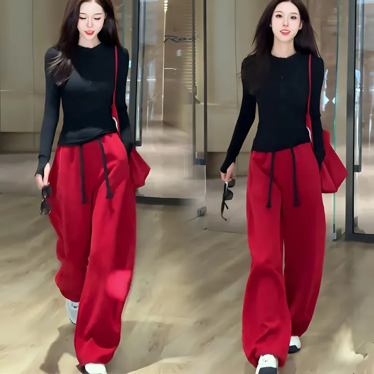 时尚套装女秋季新款长袖短款T恤打底上衣休闲阔腿裤束脚裤两件套