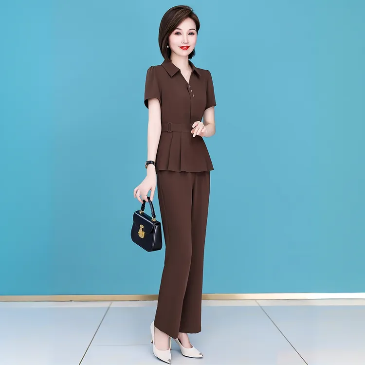 夏季新款穿搭套头收腰显瘦短袖上衣微喇叭裤套装气质职业高档洋气