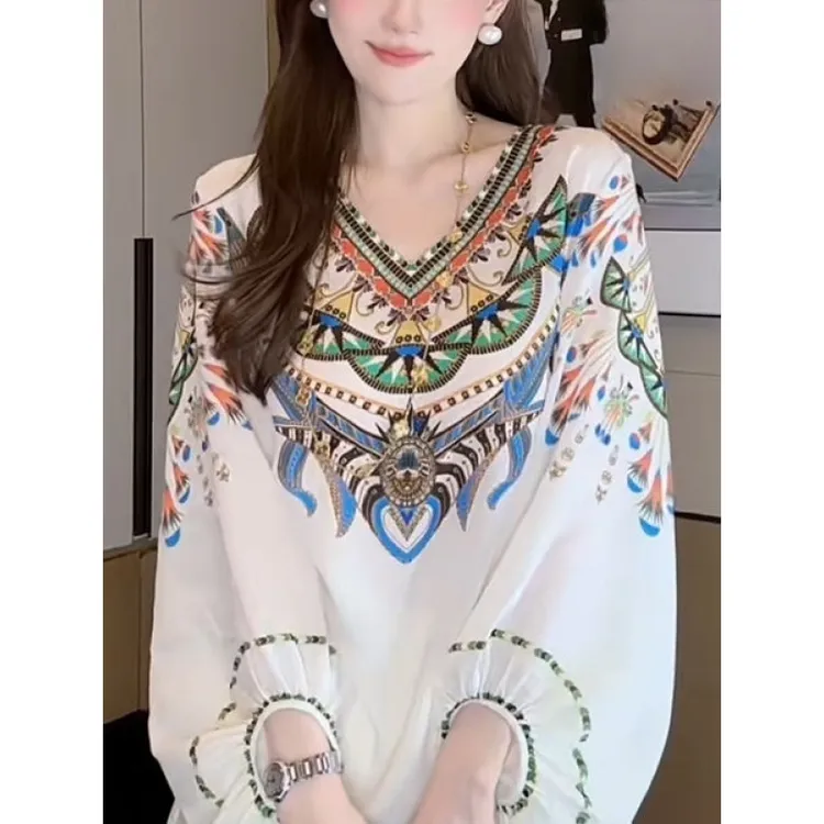 【柔软双绉定位印花】9741雪纺上衣女士小衫印花v领时尚宽松衬衫女