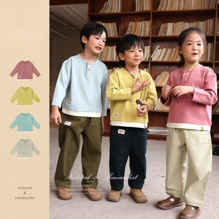 春秋儿童纯棉拼色假两件t恤男童女童亨利衫长袖T恤百搭打底衫