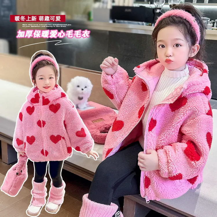 女童秋冬毛绒外套冬装中小童宝宝加绒加厚毛呢大衣儿童毛毛衣连帽