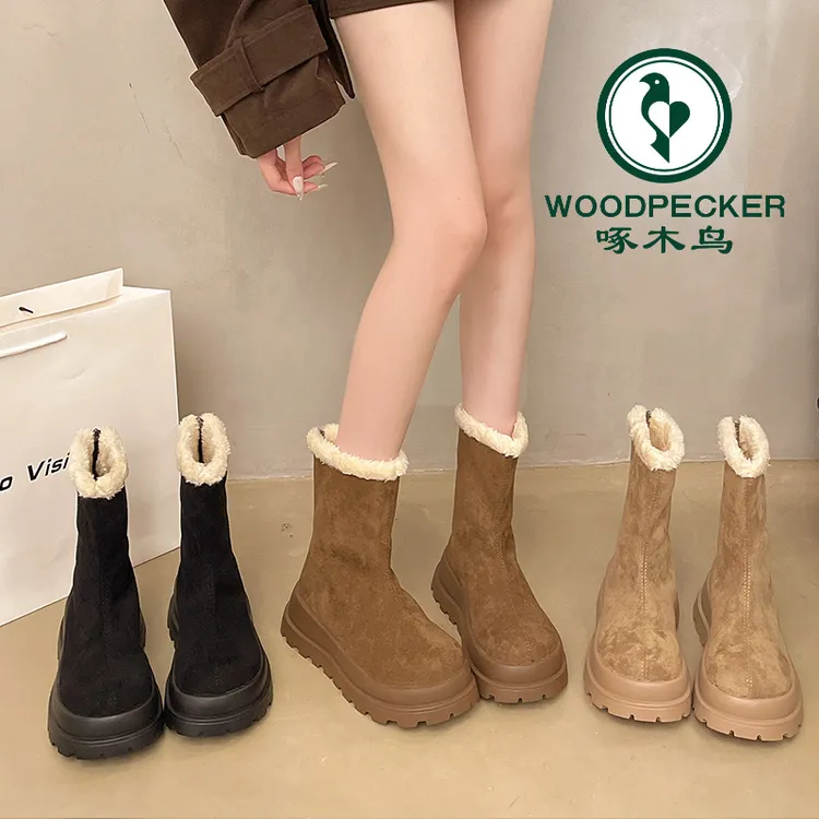 啄木鸟2025冬季新款松糕厚底防滑加绒加厚雪地靴女短筒棉鞋女短靴