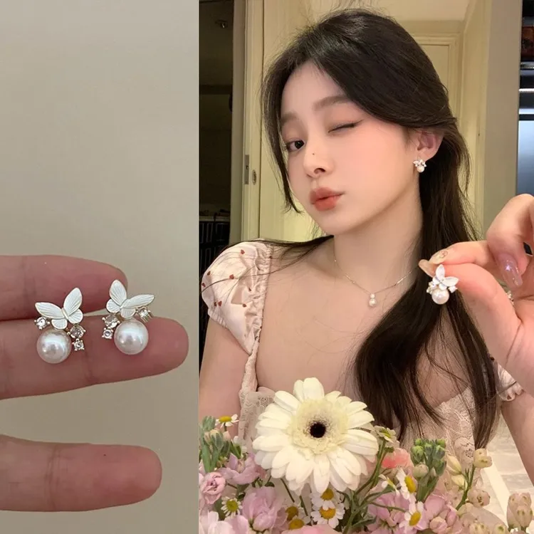 925银耳饰 蒲恋枯叶蝶耳钉小众设计珍珠蝴蝶耳钉小巧精致S925银针