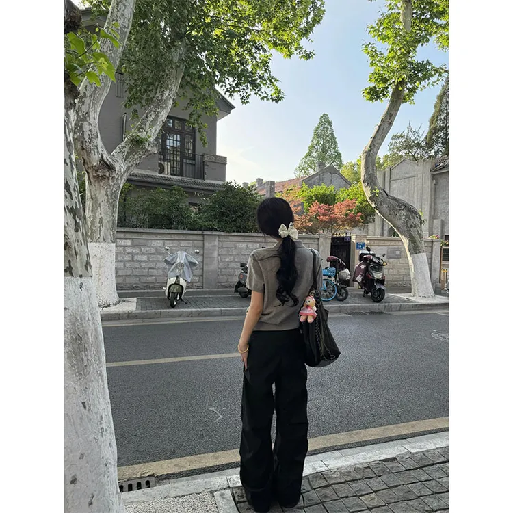 2025春夏季新款修身显瘦设计感正肩短袖上衣休闲简约直筒宽松长裤