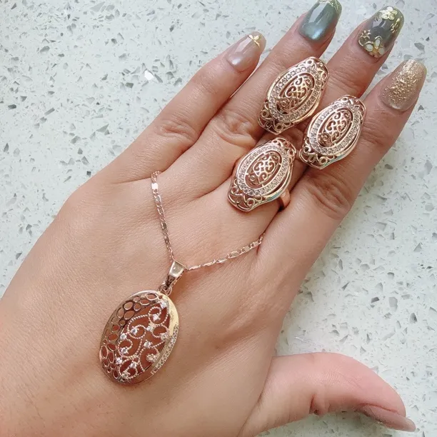 铜合金锆石戒指 镀俄罗斯585紫金玫瑰金色套装气质素款饰品满钻