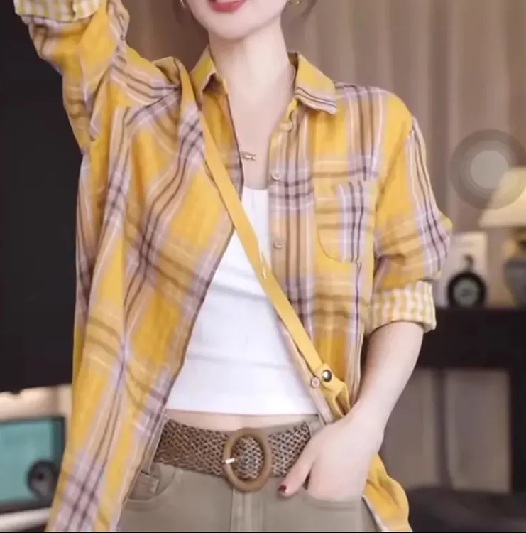  613-复古印花格子衬衫百搭韩版单面衬衣2025春夏新款高级感上衣