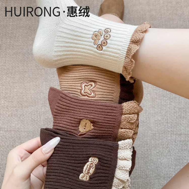 袜子女款棉袜中筒袜春夏季女生棉袜日系花边可爱春秋款刺绣长袜潮