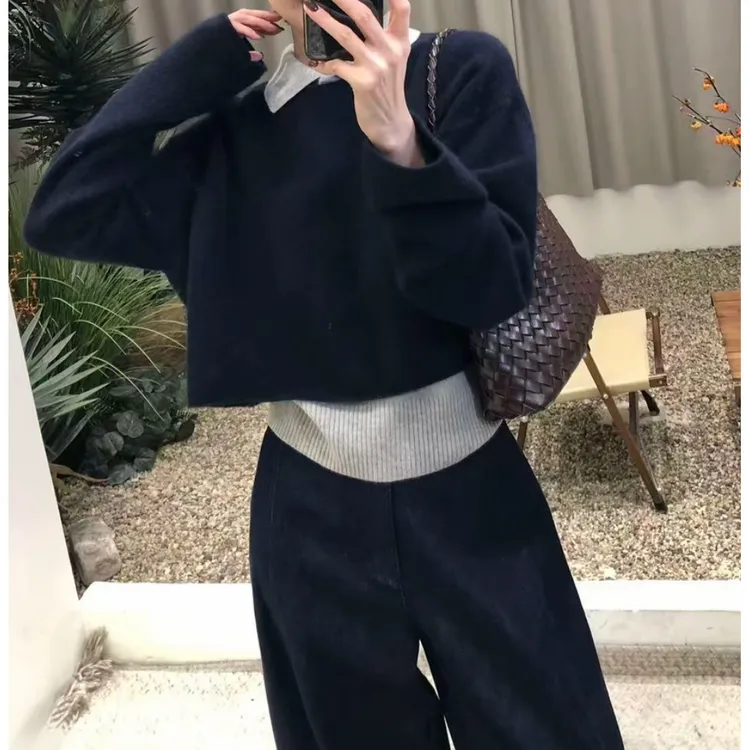 智系叠穿秋冬老钱慵懒感撞色减龄polo领2025短款长袖背心两件套