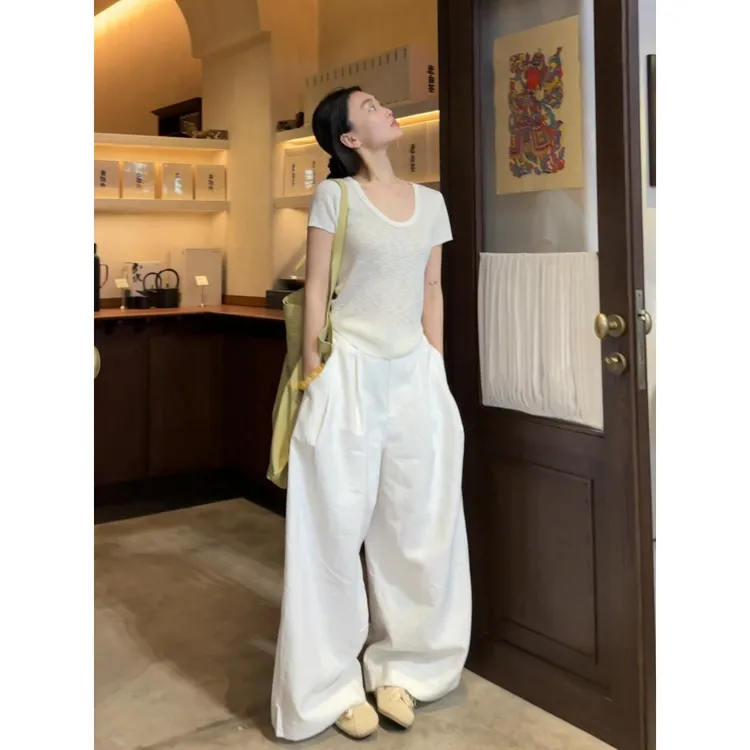 parkyeon夏季韩系气质开衫内搭短袖上衣女高腰垂感显瘦休闲裤套装