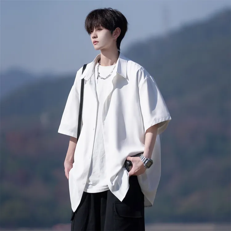 夏季小清新冰丝大码纯色衬衫白衬衣男时尚百搭防晒衬衣潮男士休闲
