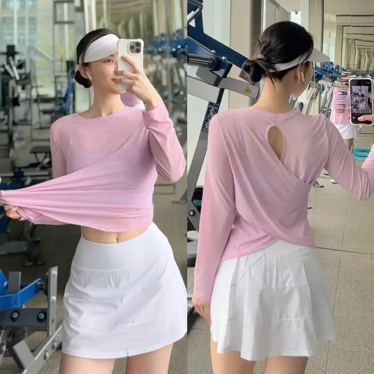薄款宽松长袖透气瑜伽罩衫镂空美背交叉瑜伽服健身普拉提外穿上衣