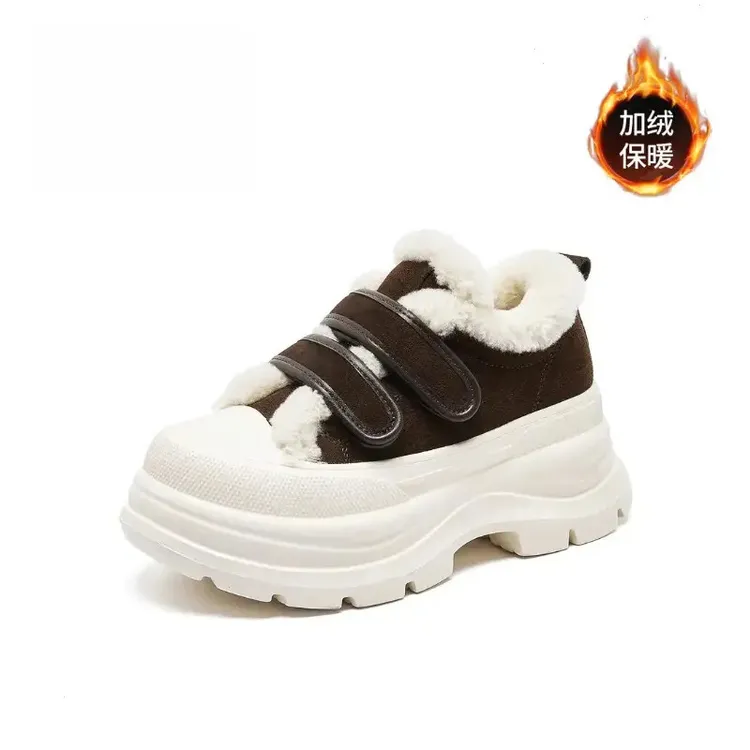 时尚棉鞋复古棕冬日厚底鞋慵懒魔术贴绒轻奢设计时尚温暖运动鞋