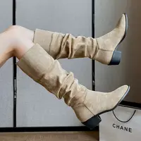 内增高堆堆靴长筒骑士靴子2025新款秋季法式中筒瘦瘦西部牛仔长靴