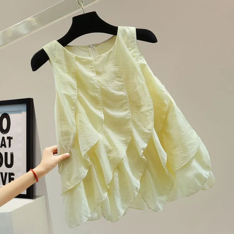 荷叶边拼接套头衬衫2025夏季韩版宽松显瘦纯色拉链休闲背心潮