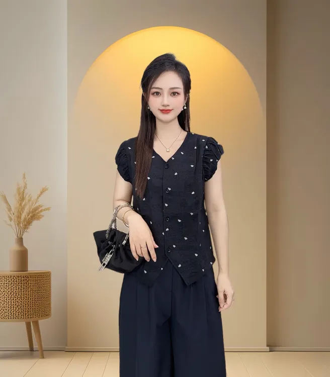 夏款V领设计感时尚百搭无袖显瘦上衣款女9971