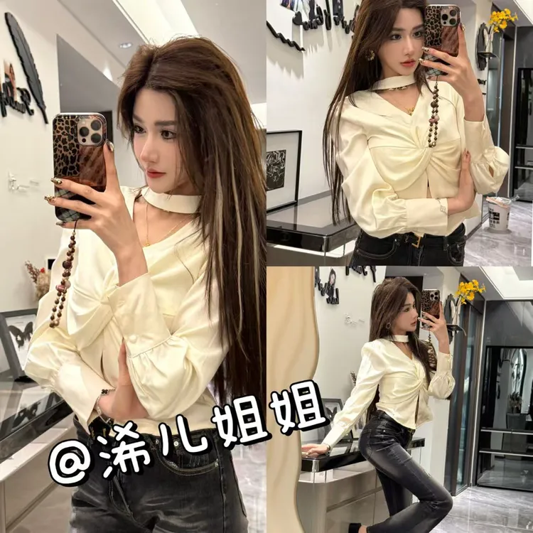缎面V领挂脖收腰衬衫新款上衣