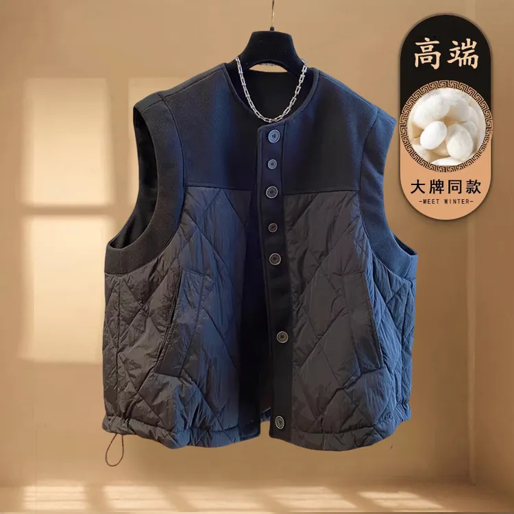 欧货设计感宽松毛呢拼接马甲女冬季新款外穿休闲无袖夹棉马夹外套