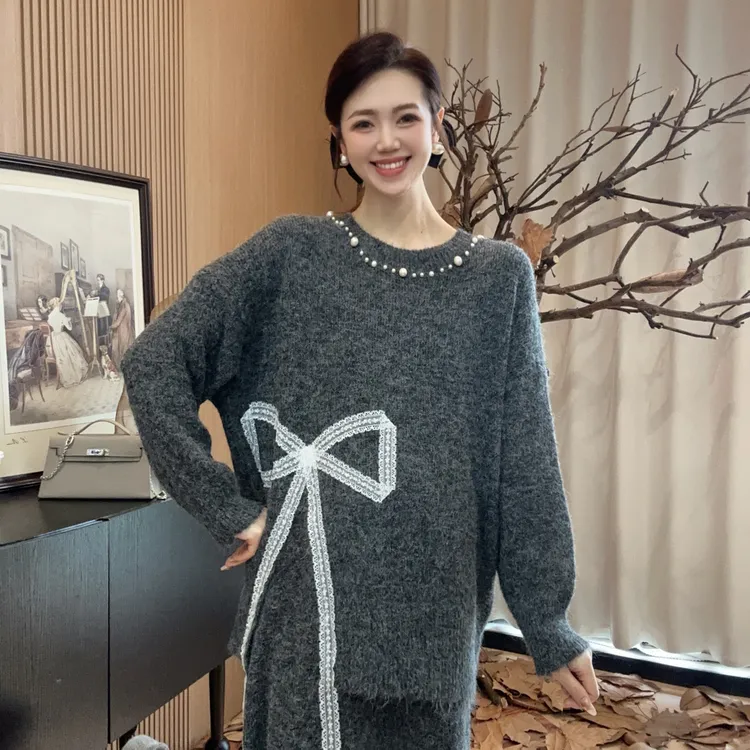 Zoey孕妇装［甜蝴蝶］秋冬韩系蝴蝶结加厚针织弹力孕妇搭半裙套装