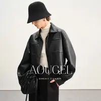 AOUGEL 环保蛋白皮柔软短款皮夹克女秋季新款多口袋廓形工装外套