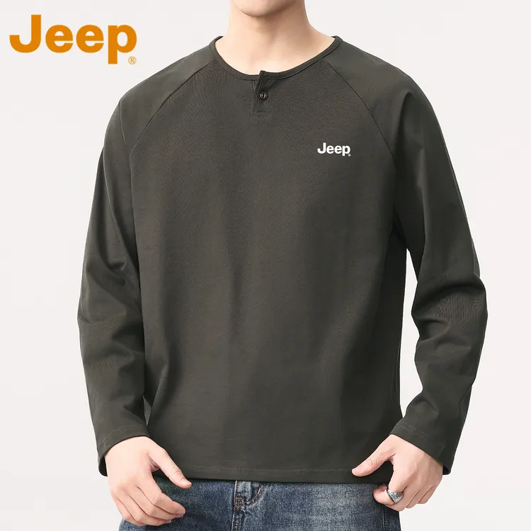 JEEP吉普纯棉亨利领长袖t恤男款春秋季宽松休闲简约内搭打底上衣