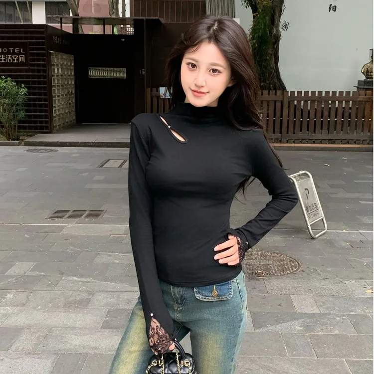 设计感半高领蕾丝钉珠【加绒保暖】长袖女时尚显瘦百搭打底内搭上衣