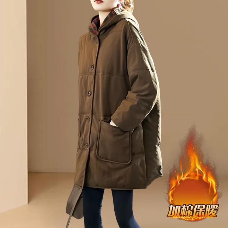 复古中长款夹棉加厚棉袄外套女2025冬季新款宽松休闲保暖棉衣棉服