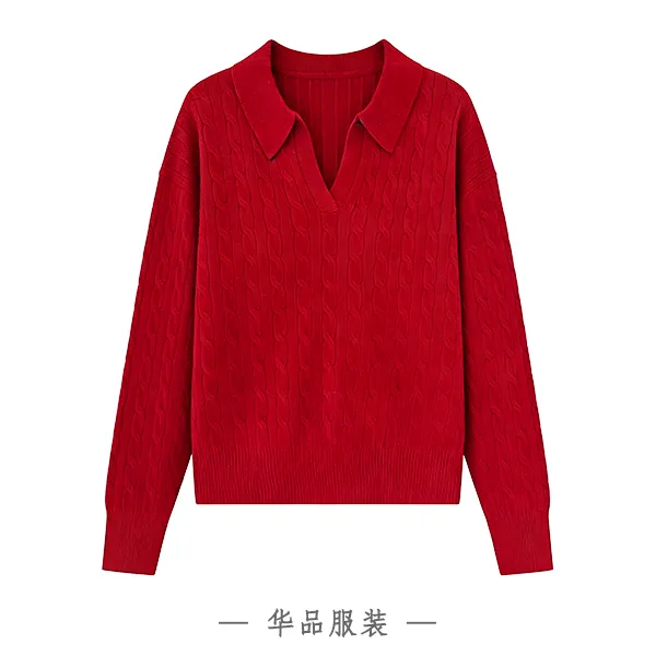 羊毛针织POLO衫毛针织衫通勤短款宽松针织衫纯色时尚女装套头