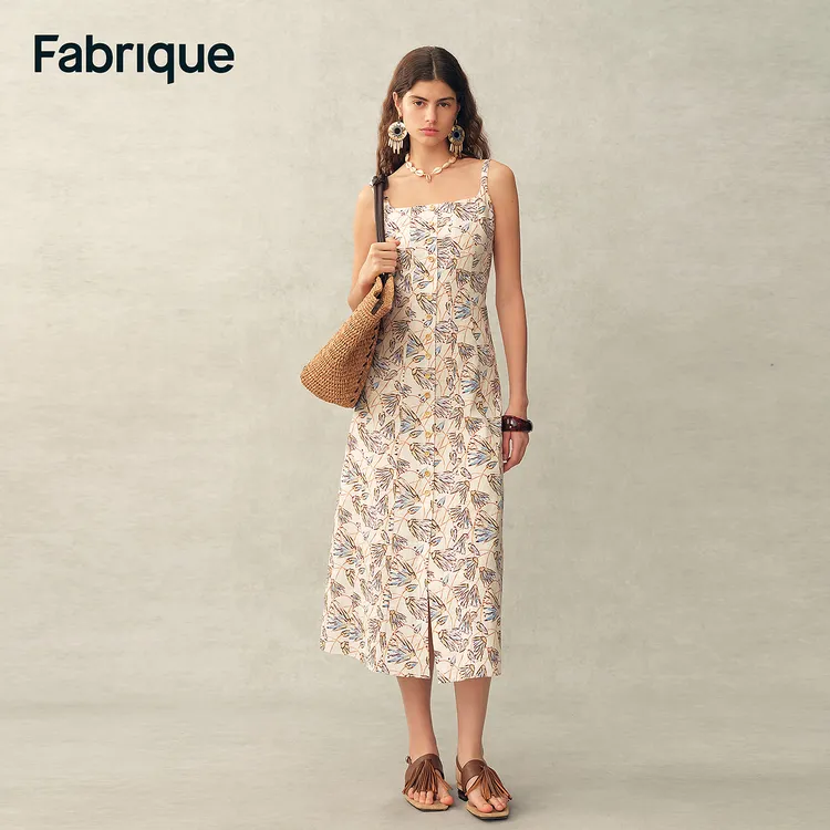 Fabrique Scarlett 春夏新品睡莲印花纯棉法式方领长款吊带连衣裙