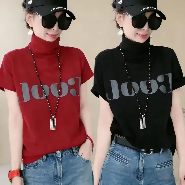 女装红色T恤减龄宽松显瘦百搭衣服高领打底衫休闲气质上衣.洋气