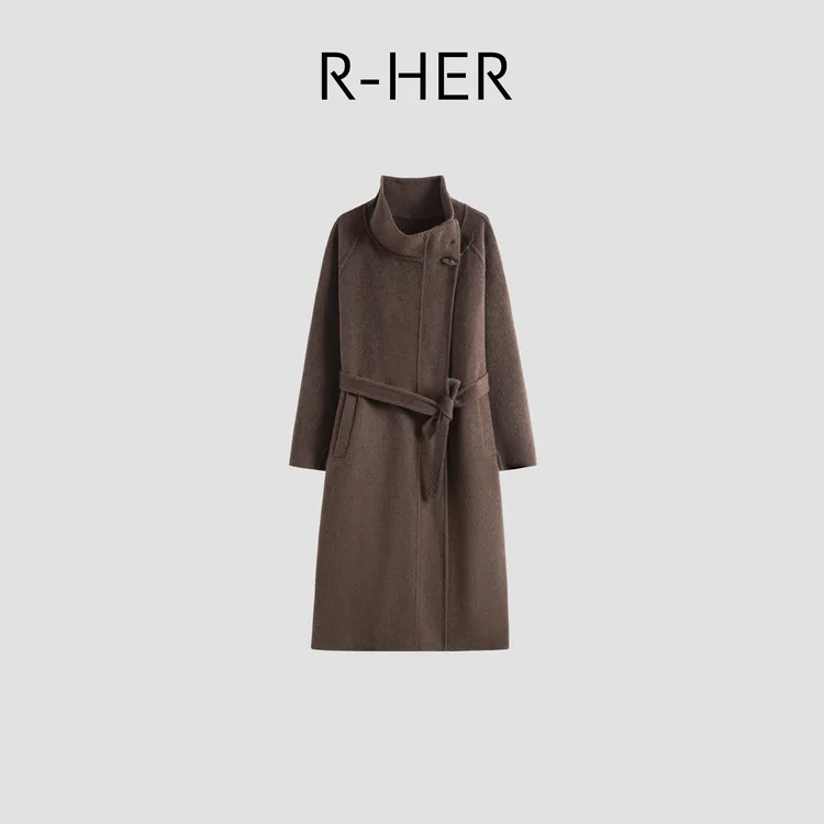 R-HER【深棕系带】韩版翻领慵懒设计系带气质毛呢外套RC25091918