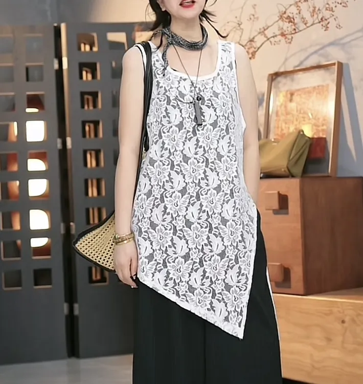 2025年百搭时尚大版宽松不规则蕾丝背心-1087