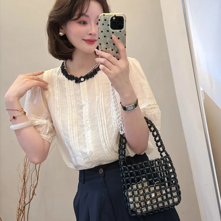 法式蕾丝刺绣木耳边短袖衬衫女2025夏季新款薄款显瘦百搭气质上衣