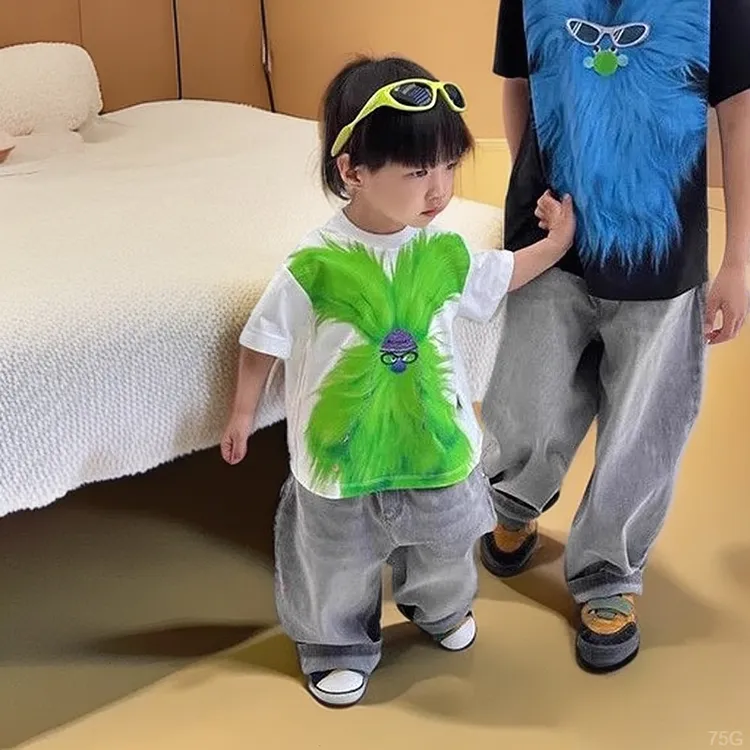 韩版儿童2025夏季新款绿色毛绒怪物印花短袖T恤男女童卡通上衣潮