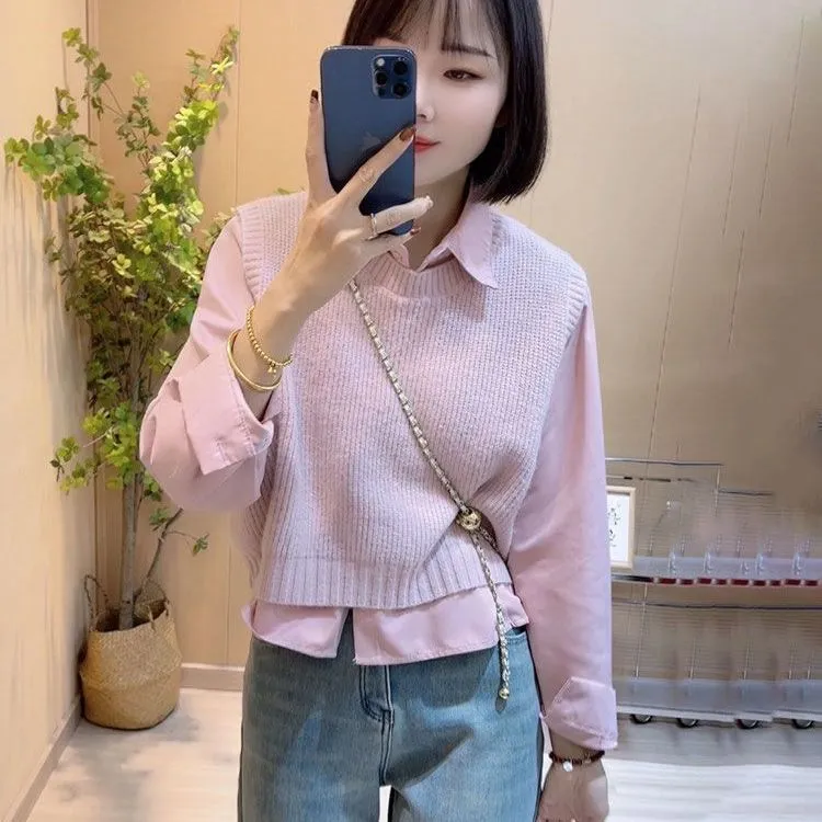 哥弟阿玛施正品针织马甲背心女春秋2025新款宽松显瘦百搭翻领长袖