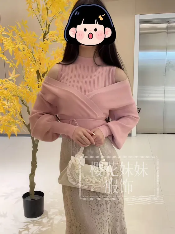 樱花妹妹 古早甜欲风！软糯露肩袖半高领显瘦假两件针织衫