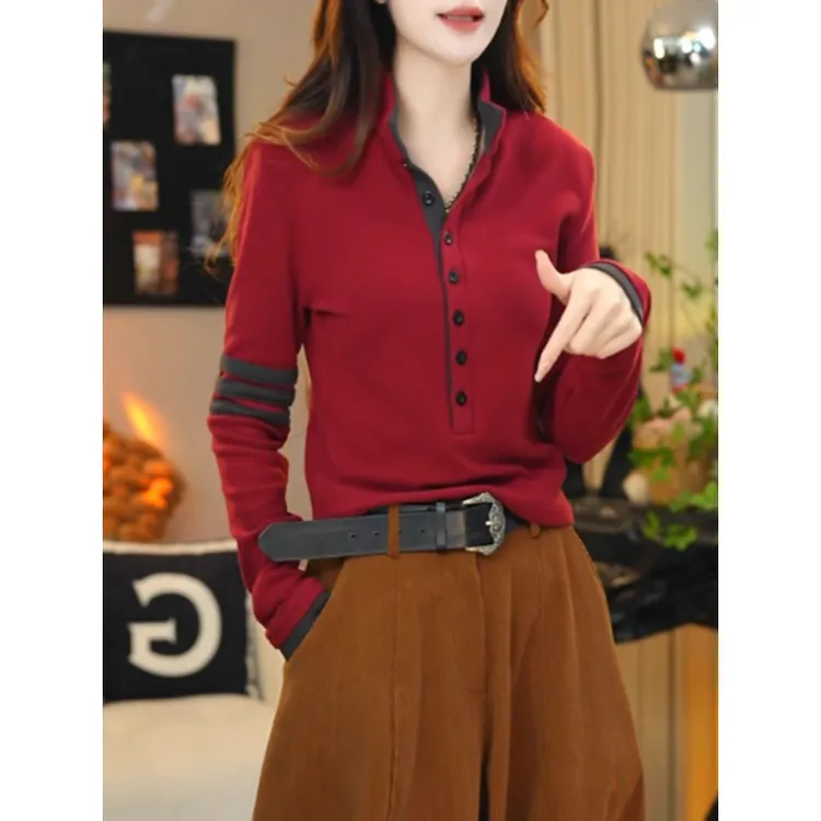 安哥拉红色双面德绒打底衫女士秋冬2025新款假两件上衣内搭高级感