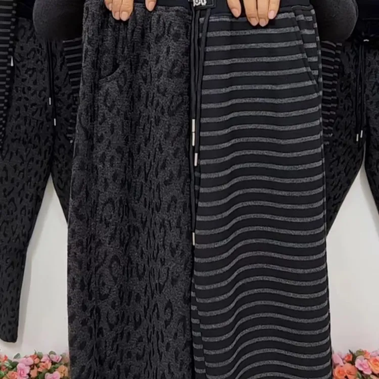 加绒条纹高腰显瘦长裤秋冬休闲裤冬季女士气质加绒