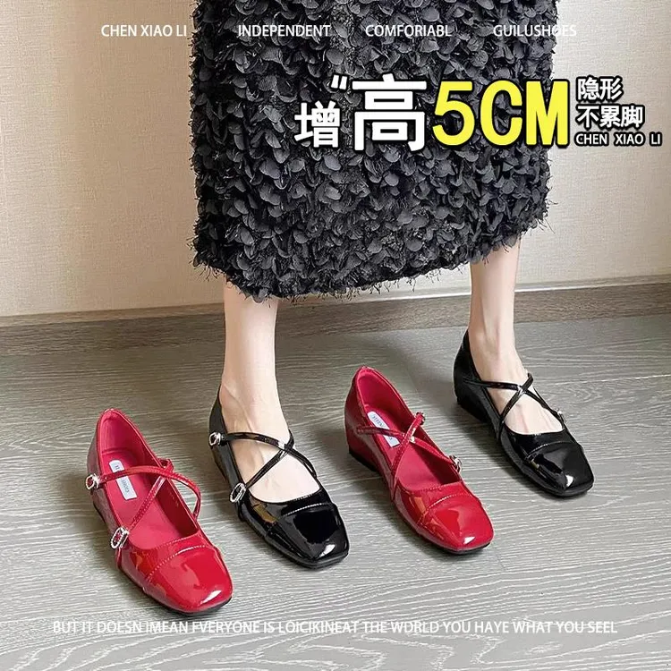羊皮版~5cm小个子内增高法式交叉扣带浅口单鞋女方头平底玛丽珍鞋