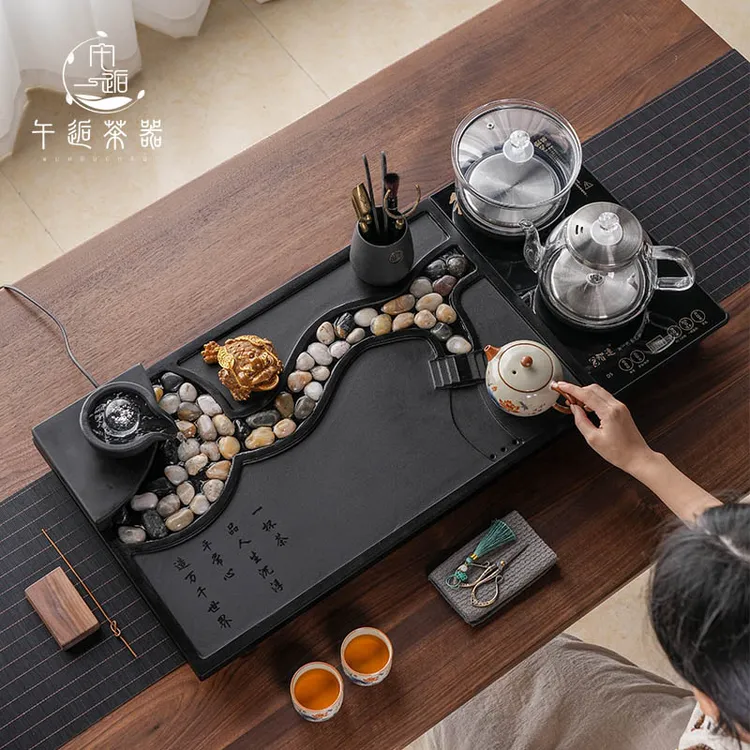 新款天然乌金石茶盘整套家用流水茶海办公泡茶台全自动电磁炉送礼